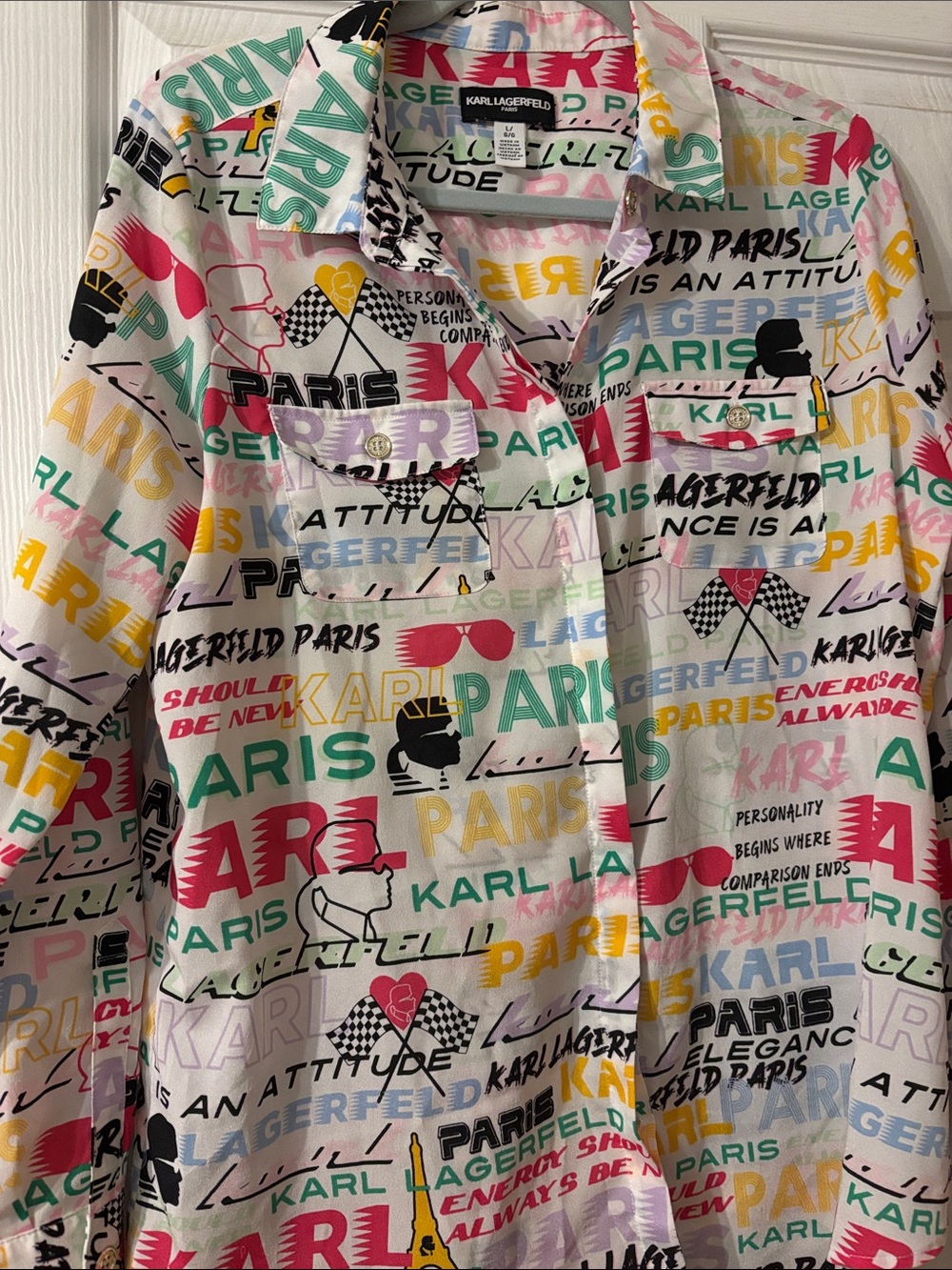 Karl Lagerfeld Kids White Button-Up Shirt with Multi-Color Graphic Print